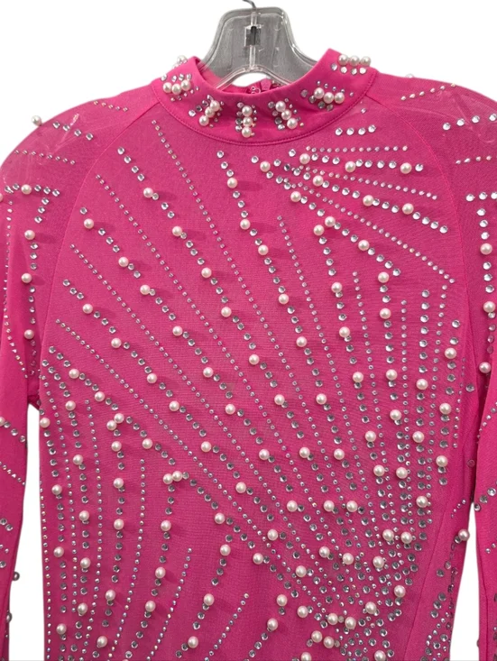 Nwt House Of Maguie Hot Pink Longsleeve Rhinestone,feathers & pearls Party Dress - Picture 7 of 16